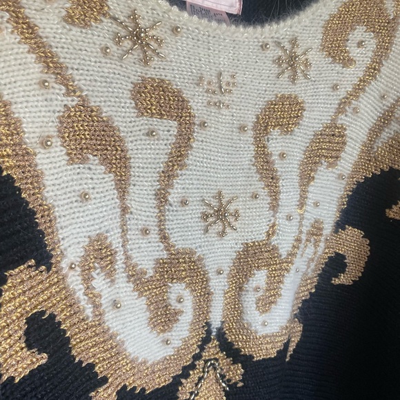 NWT Jocelyn Smith Vintage Beaded Gold Ivory Black Holiday Fancy Sweater Size L - Picture 3 of 8